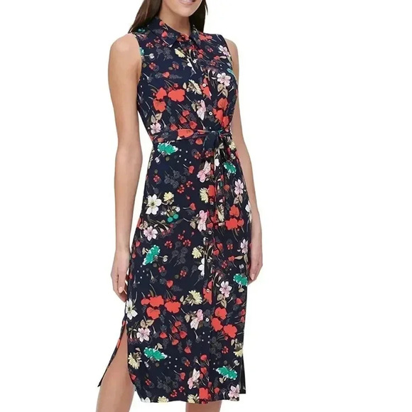 Tommy Hilfiger Blue Floral Sleeveless Button Down Dress - Picture 1 of 15